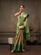 Green Pure Silk Woven Zari Design Ethnic Motifs Saree with Unstitched Blouse - Hiral Fashion