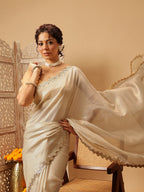 Hiral Fashion Beige Gota Patti Muga Silk Solid Lace Work Saree
