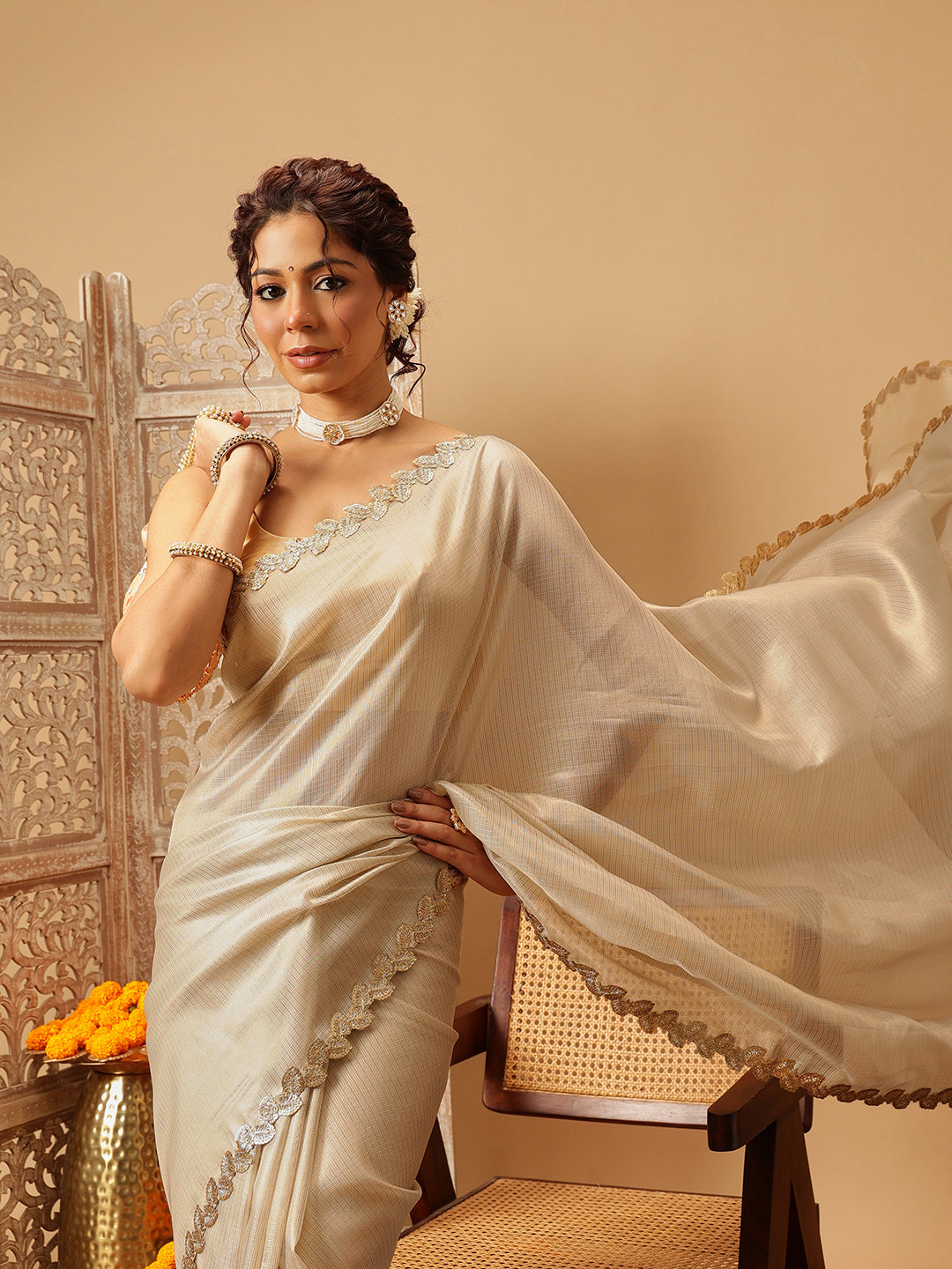 Hiral Fashion Beige Gota Patti Muga Silk Solid Lace Work Saree