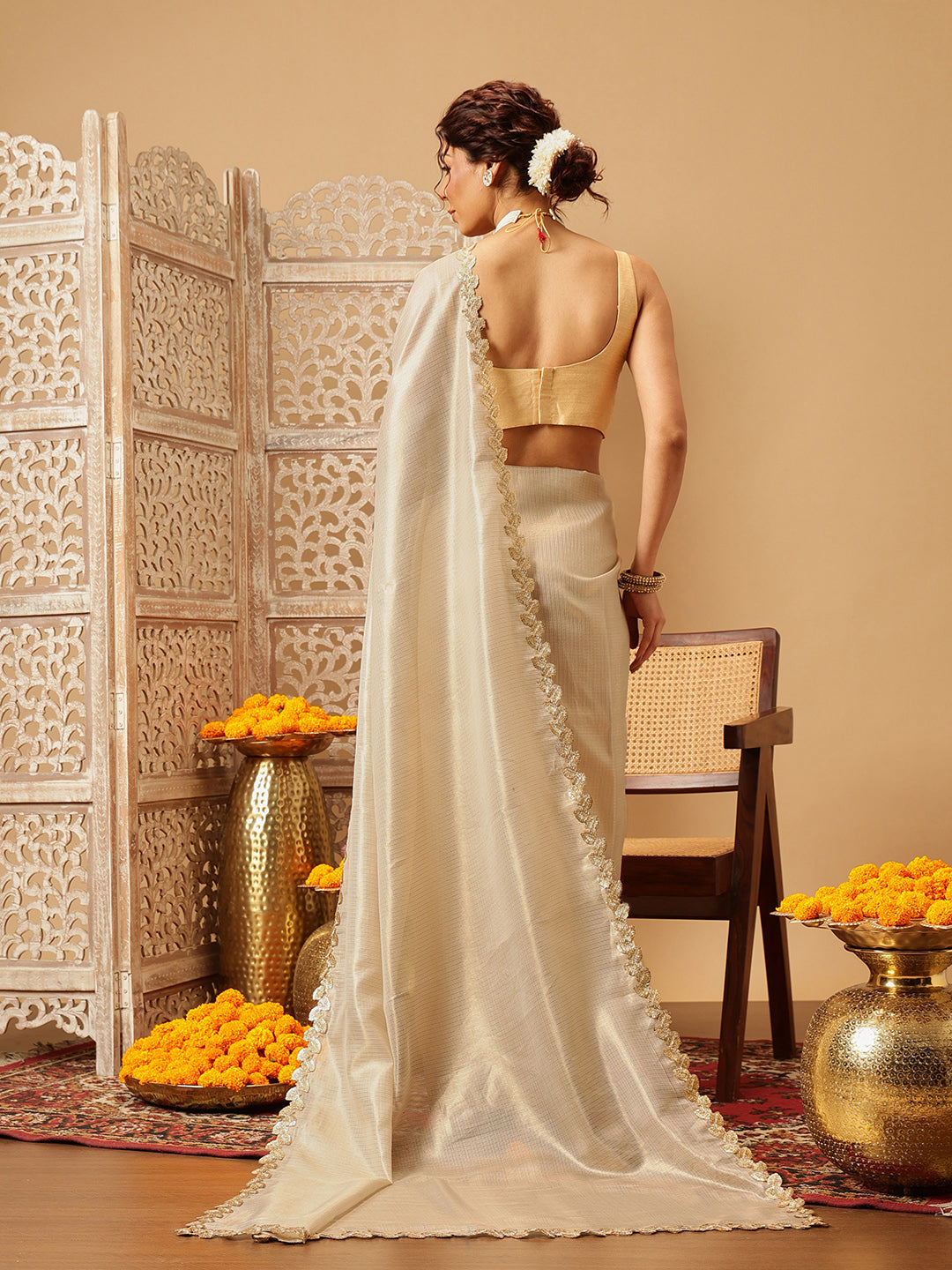 Hiral Fashion Beige Gota Patti Muga Silk Solid Lace Work Saree