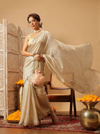 Hiral Fashion Beige Gota Patti Muga Silk Solid Lace Work Saree