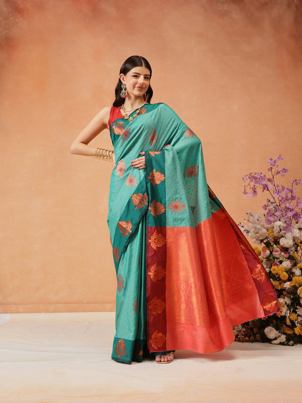 Hiral Fashion Turquoise Blue Banarasi Silk Floral Woven Design Saree