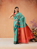 Hiral Fashion Turquoise Blue Banarasi Silk Floral Woven Design Saree