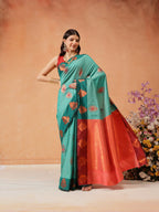 Hiral Fashion Turquoise Blue Banarasi Silk Floral Woven Design Saree