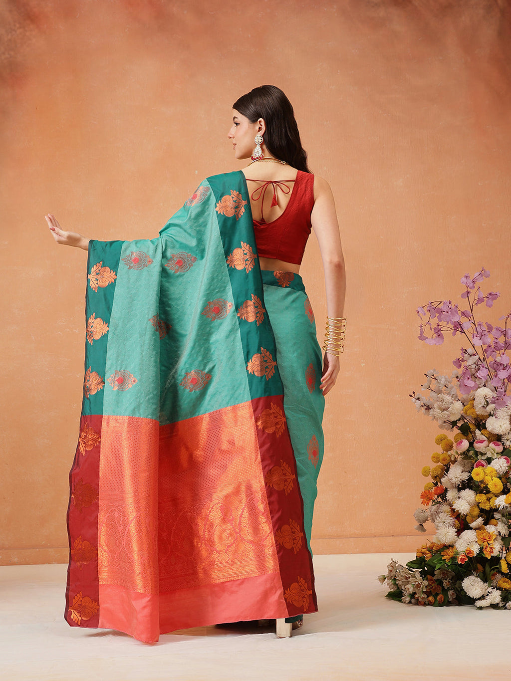 Hiral Fashion Turquoise Blue Banarasi Silk Floral Woven Design Saree