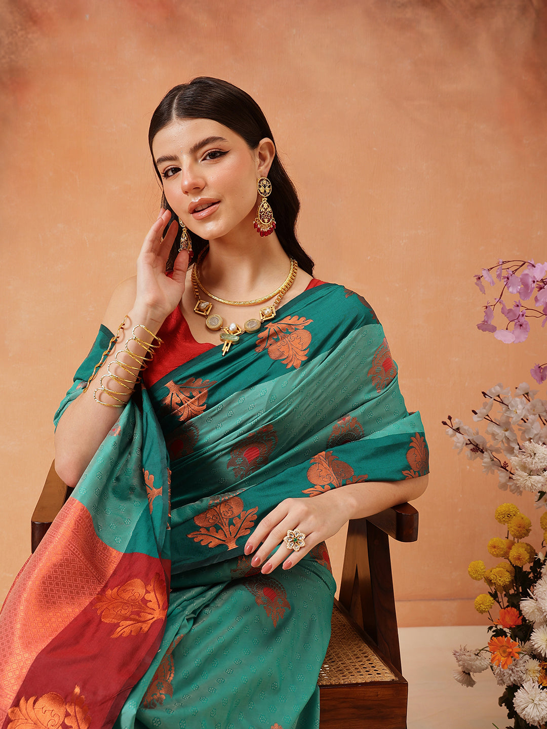Hiral Fashion Turquoise Blue Banarasi Silk Floral Woven Design Saree