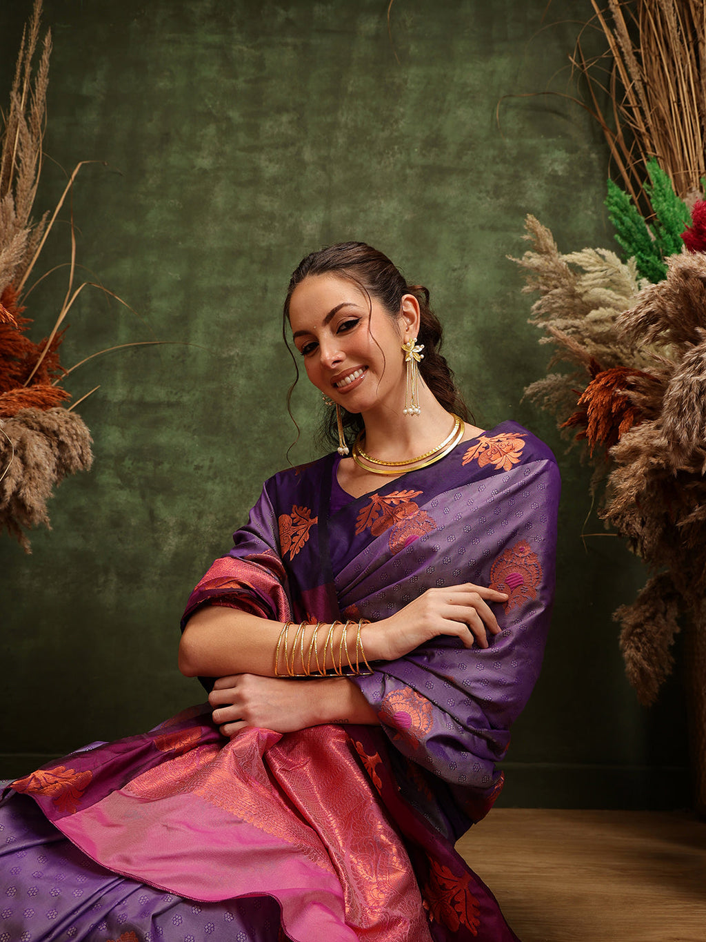 Hiral Fashion Lavender Banarasi Silk Floral Woven Design Saree