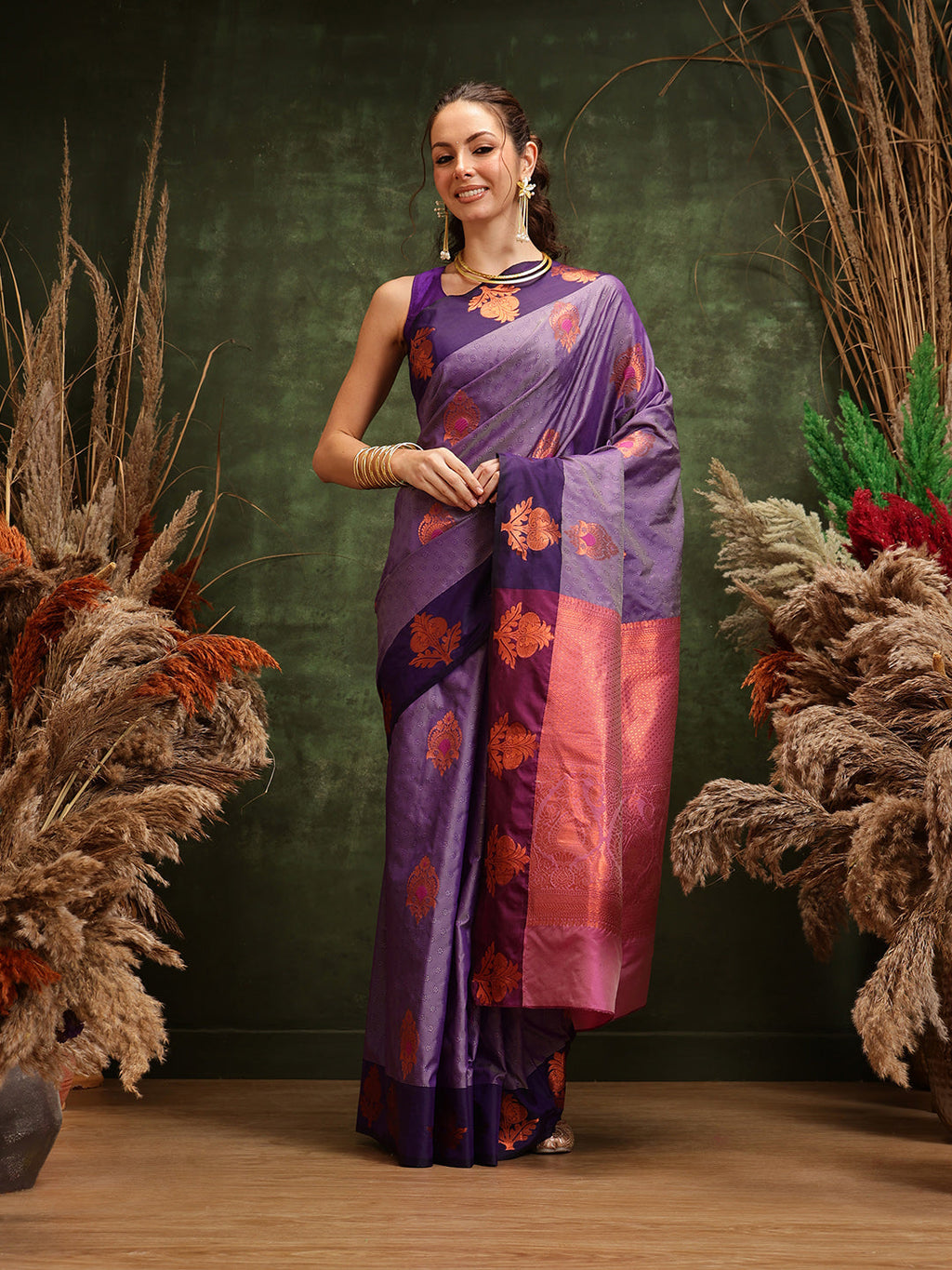 Hiral Fashion Lavender Banarasi Silk Floral Woven Design Saree