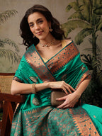 Hiral Fashion Green Banarasi Silk Floral Woven Design Saree