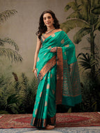 Hiral Fashion Green Banarasi Silk Floral Woven Design Saree