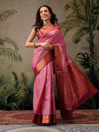 Hiral Fashion Pink Banarasi Silk Floral Woven Design Saree