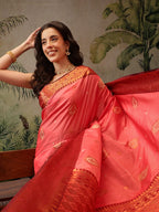 Hiral Fashion Peach Banarasi Silk Floral Woven Design Saree