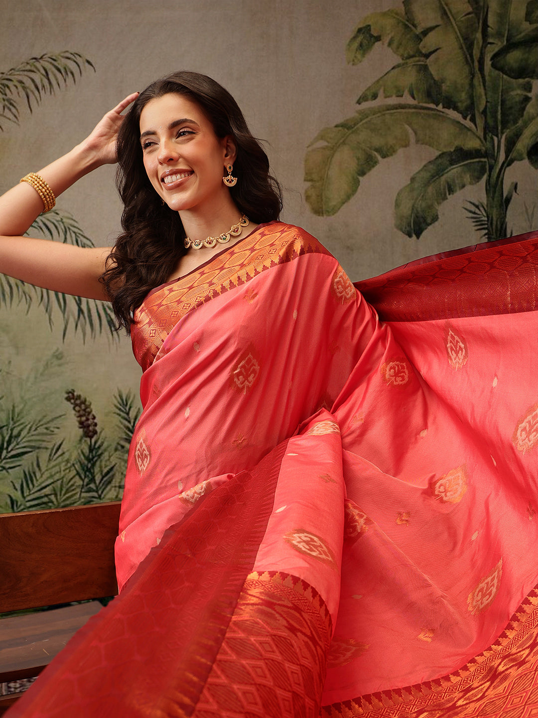 Hiral Fashion Peach Banarasi Silk Floral Woven Design Saree