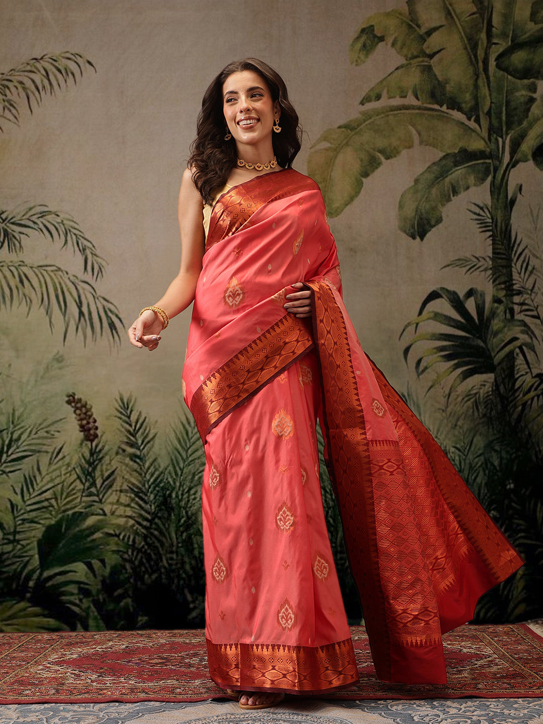 Hiral Fashion Peach Banarasi Silk Floral Woven Design Saree