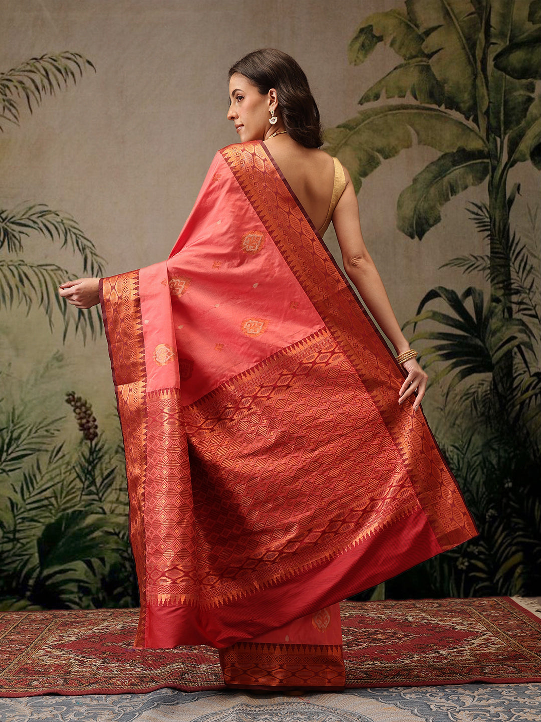 Hiral Fashion Peach Banarasi Silk Floral Woven Design Saree