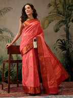 Hiral Fashion Peach Banarasi Silk Floral Woven Design Saree