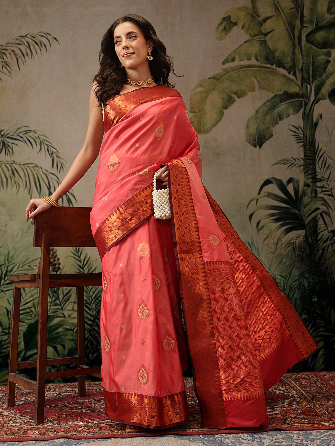 Hiral Fashion Peach Banarasi Silk Floral Woven Design Saree