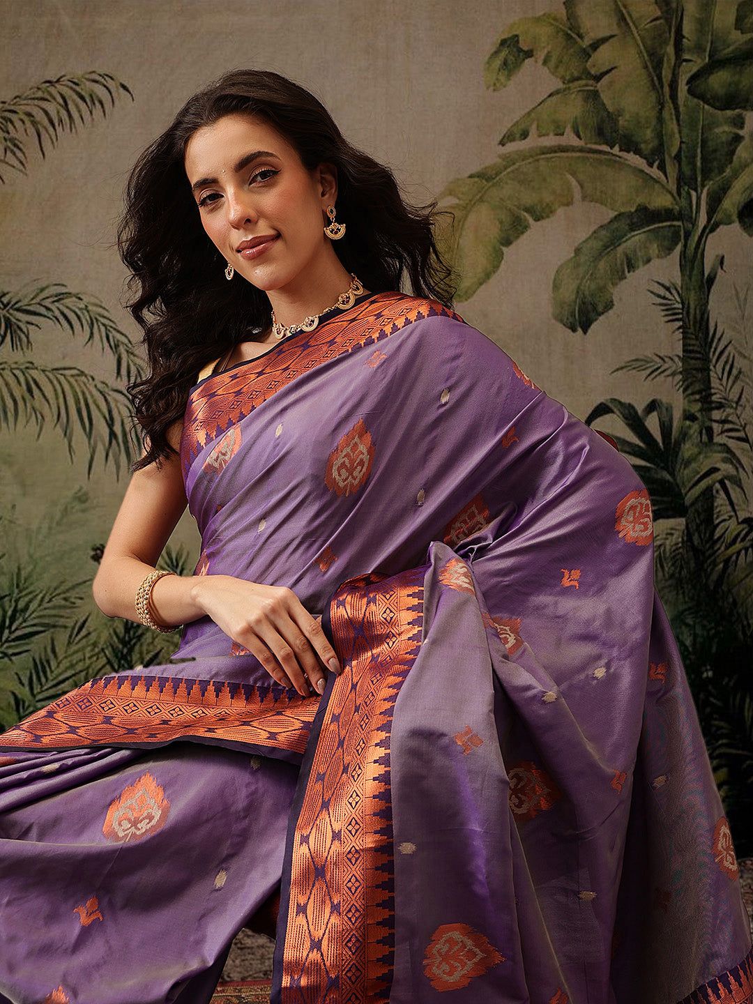 Hiral Fashion Purple Banarasi Silk Floral Woven Design Saree