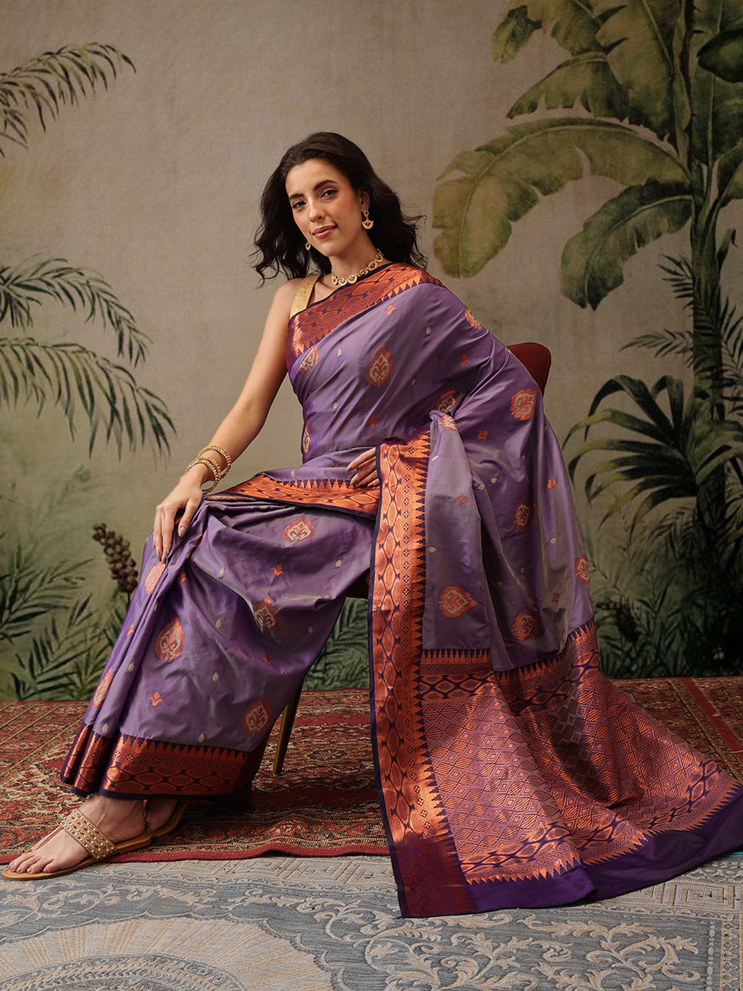 Hiral Fashion Purple Banarasi Silk Floral Woven Design Saree