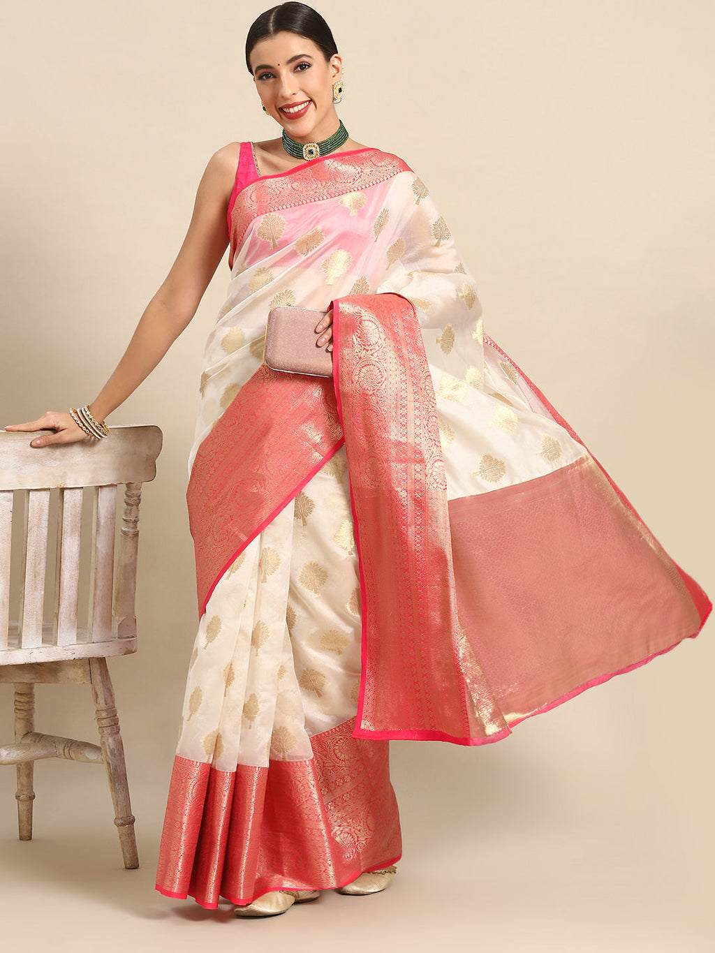 White Silk Blend Woven Zari Design Floral Saree with Unstitched Blouse - Hiral Fashion