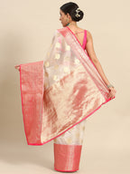 White Silk Blend Woven Zari Design Floral Saree with Unstitched Blouse - Hiral Fashion