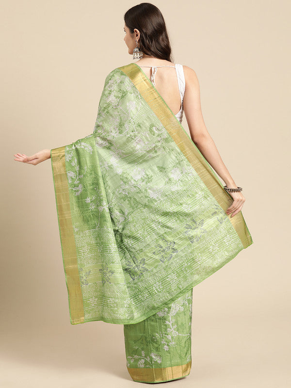 Green Silk Blend Digital Print Floral Saree with Unstitched Blouse - Hiral Fashion