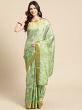 Green Silk Blend Digital Print Floral Saree with Unstitched Blouse - Hiral Fashion