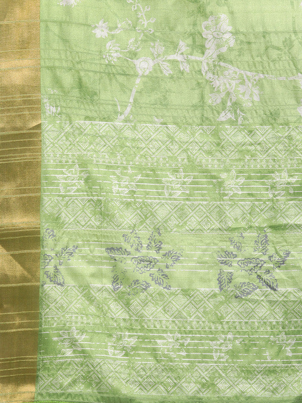 Green Silk Blend Digital Print Floral Saree with Unstitched Blouse - Hiral Fashion