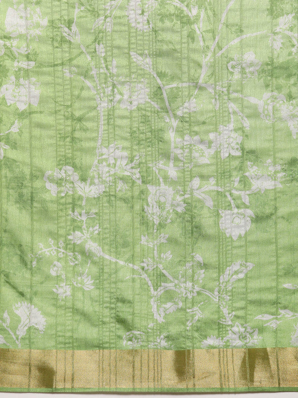 Green Silk Blend Digital Print Floral Saree with Unstitched Blouse - Hiral Fashion
