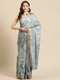 Gray Silk Blend Digital Print Floral Saree with Unstitched Blouse - Hiral Fashion