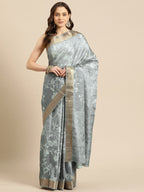 Gray Silk Blend Digital Print Floral Saree with Unstitched Blouse - Hiral Fashion