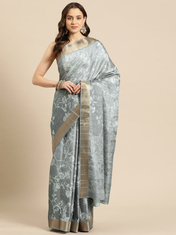 Gray Silk Blend Digital Print Floral Saree with Unstitched Blouse - Hiral Fashion