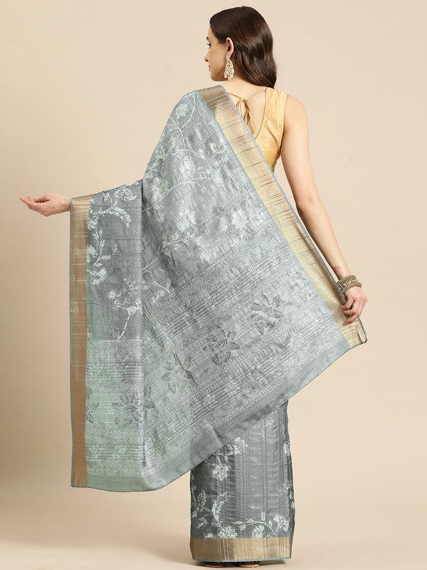 Gray Silk Blend Digital Print Floral Saree with Unstitched Blouse - Hiral Fashion