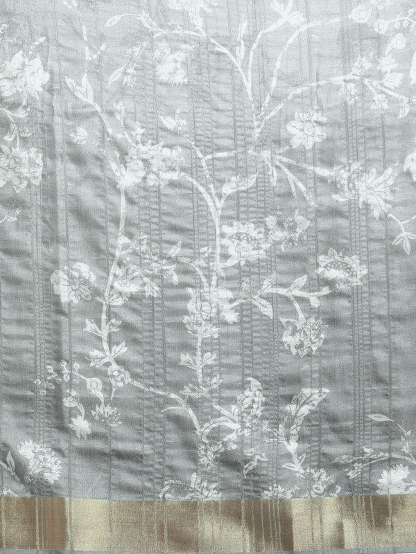 Gray Silk Blend Digital Print Floral Saree with Unstitched Blouse - Hiral Fashion
