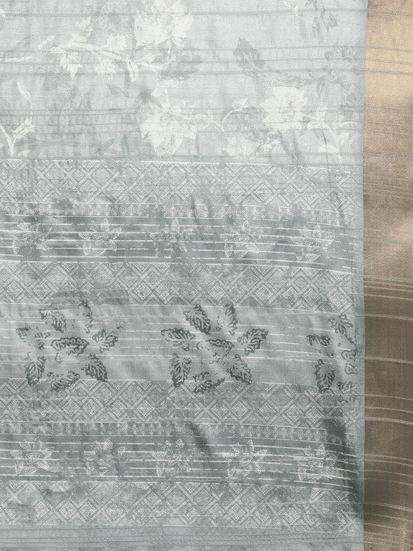 Gray Silk Blend Digital Print Floral Saree with Unstitched Blouse - Hiral Fashion