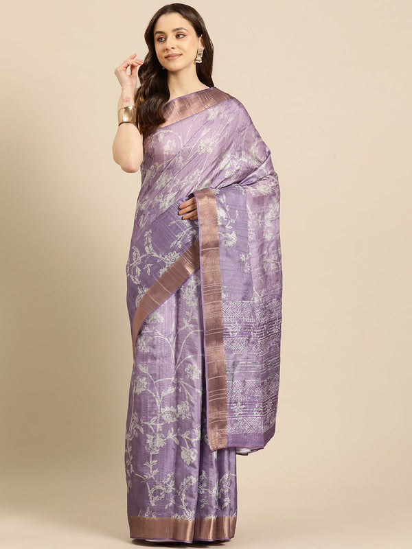 Lavender Silk Blend Digital Print Floral Saree with Unstitched Blouse - Hiral Fashion