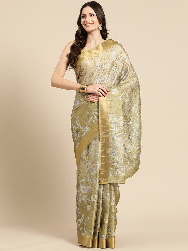 Olive Silk Blend Digital Print Floral Saree with Unstitched Blouse - Hiral Fashion