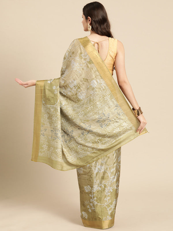 Olive Silk Blend Digital Print Floral Saree with Unstitched Blouse - Hiral Fashion