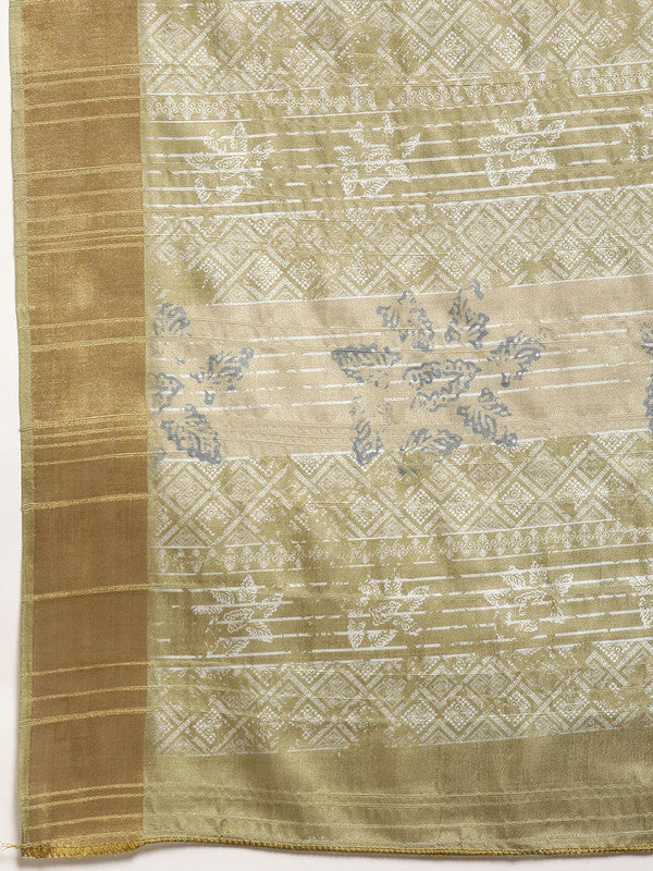 Olive Silk Blend Digital Print Floral Saree with Unstitched Blouse - Hiral Fashion