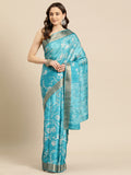 Turquoise Silk Blend Digital Print Floral Saree with Unstitched Blouse - Hiral Fashion