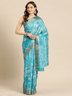 Turquoise Silk Blend Digital Print Floral Saree with Unstitched Blouse - Hiral Fashion