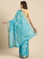 Turquoise Silk Blend Digital Print Floral Saree with Unstitched Blouse - Hiral Fashion