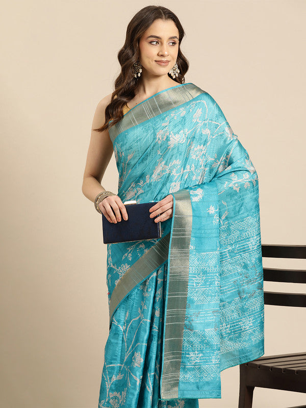 Turquoise Silk Blend Digital Print Floral Saree with Unstitched Blouse - Hiral Fashion