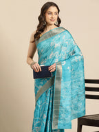Turquoise Silk Blend Digital Print Floral Saree with Unstitched Blouse - Hiral Fashion