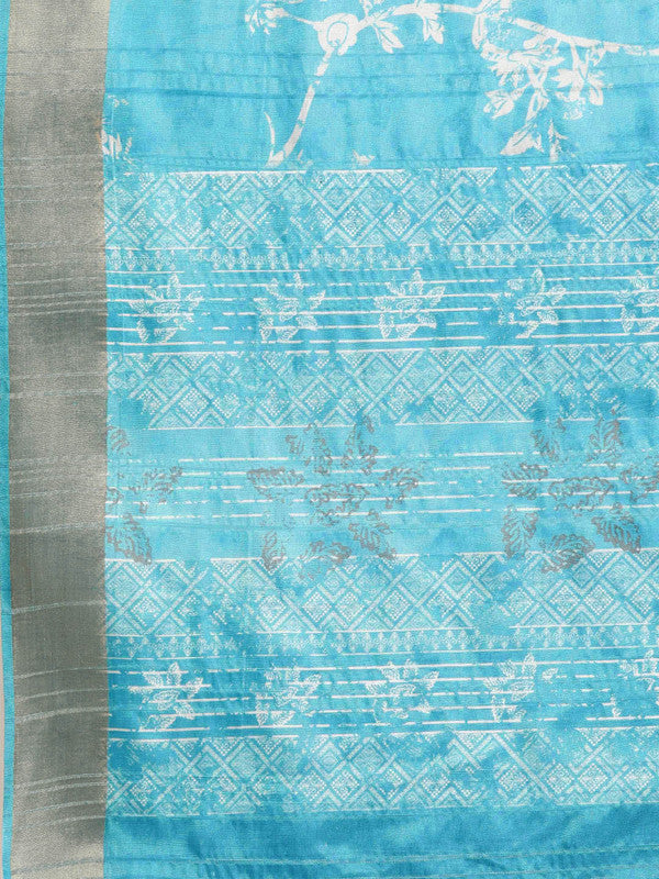 Turquoise Silk Blend Digital Print Floral Saree with Unstitched Blouse - Hiral Fashion