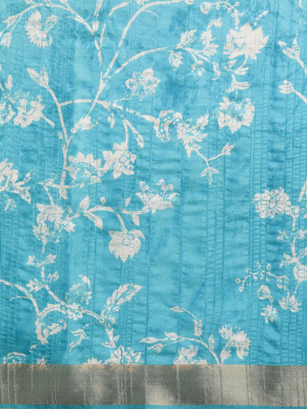 Turquoise Silk Blend Digital Print Floral Saree with Unstitched Blouse - Hiral Fashion