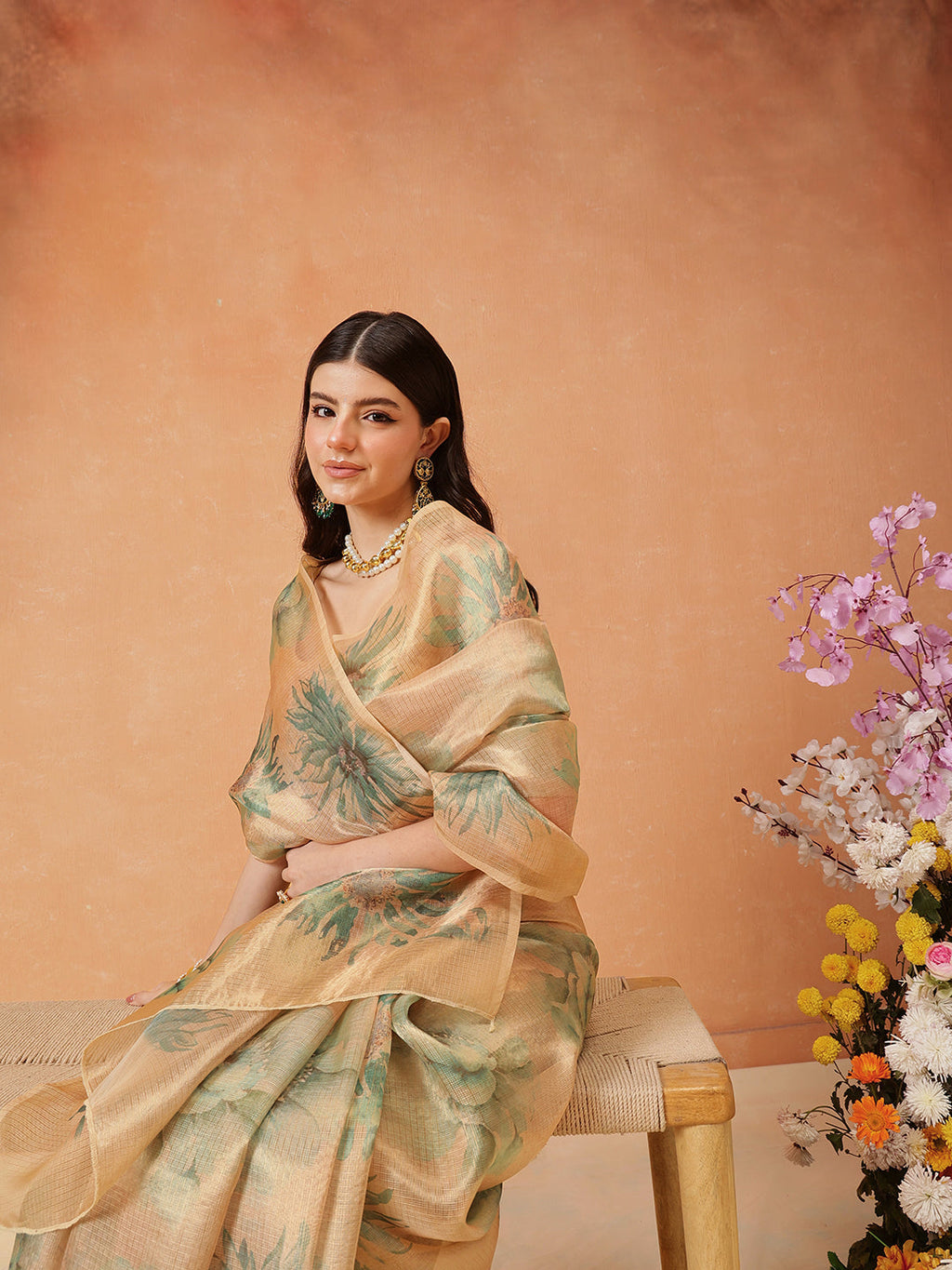 Hiral Fashion Beige Bollywood Cotton Tissue Floral Digital Printed Saree