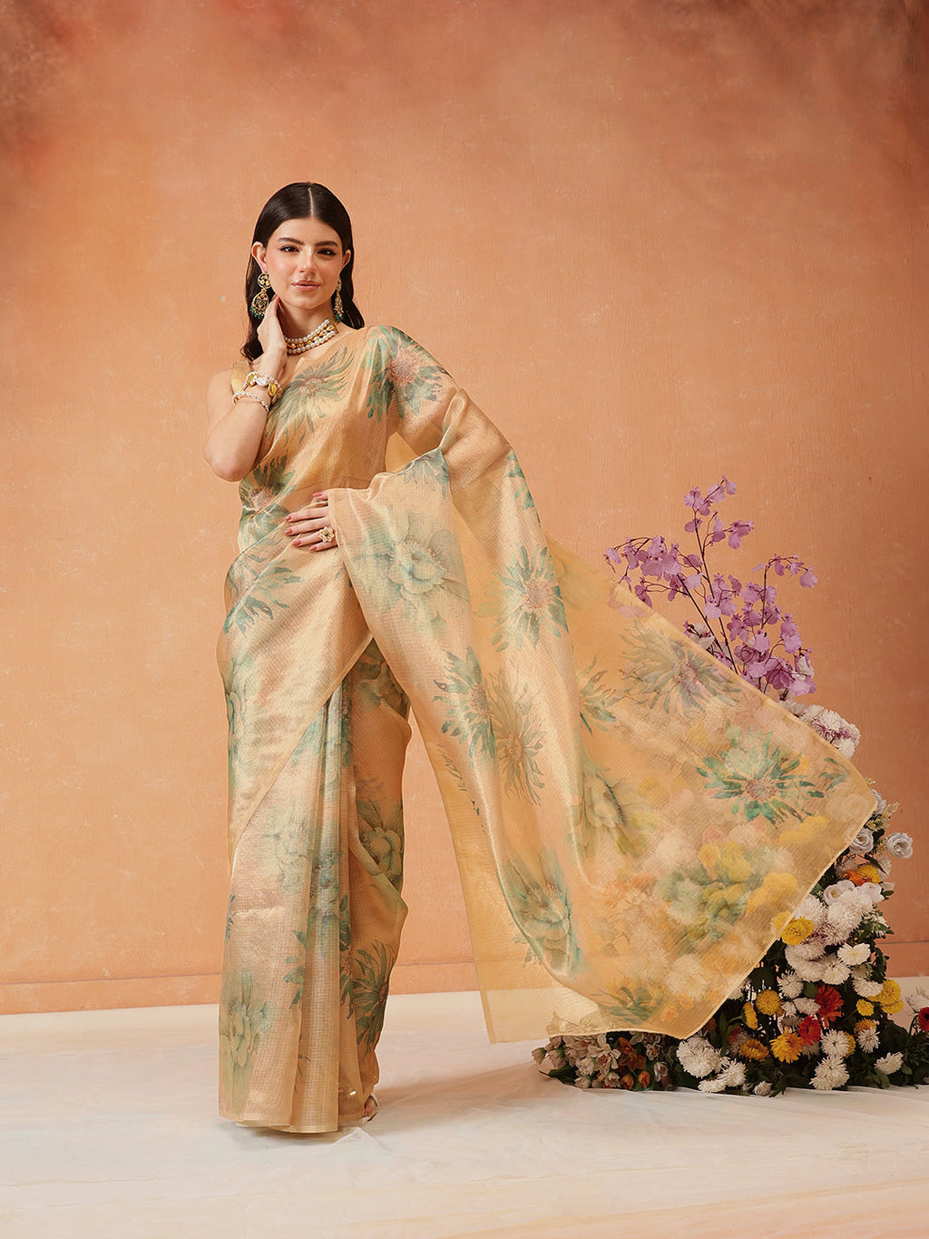 Hiral Fashion Beige Bollywood Cotton Tissue Floral Digital Printed Saree