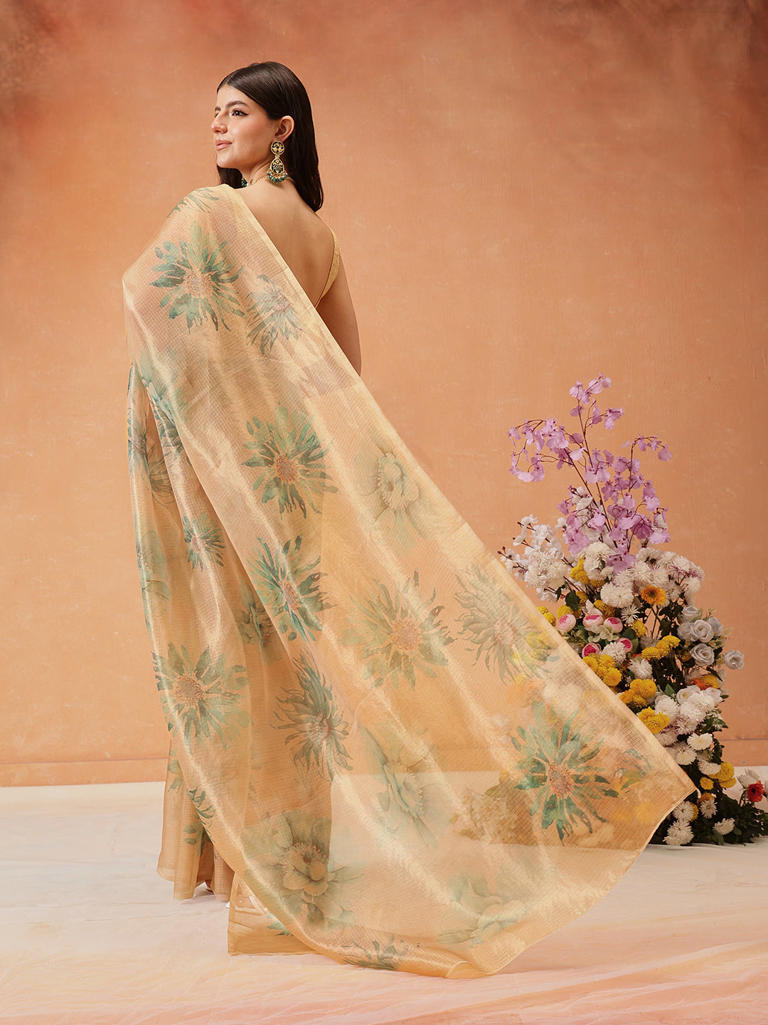 Hiral Fashion Beige Bollywood Cotton Tissue Floral Digital Printed Saree