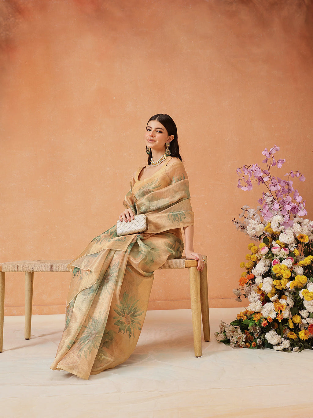 Hiral Fashion Beige Bollywood Cotton Tissue Floral Digital Printed Saree